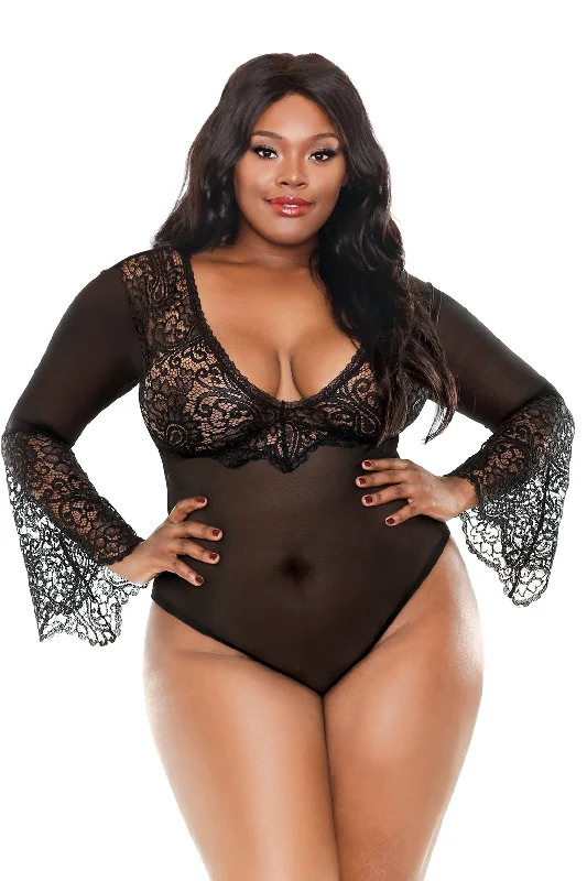 Aurora Bell Sleeved Bodysuit - Black - 1x/2x