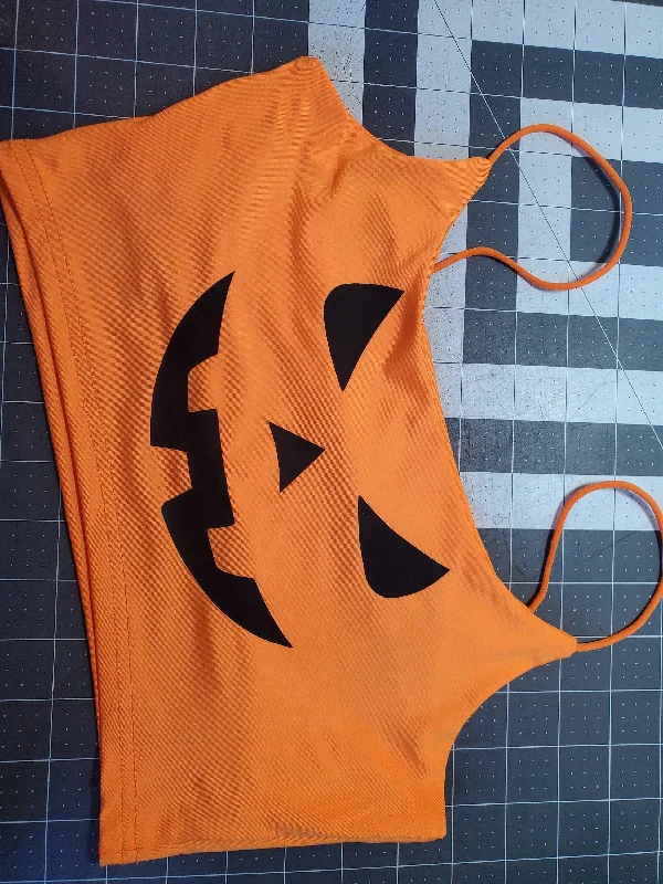 Bright Orange with Black Jack O Lantern Crop Top One Size (SMALL)