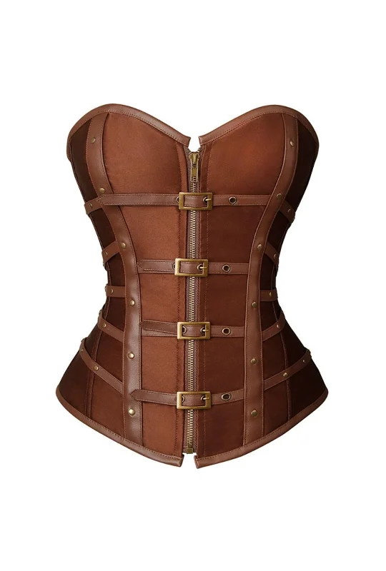 Brown Leather and Satin Buckle Corset with Zip Front