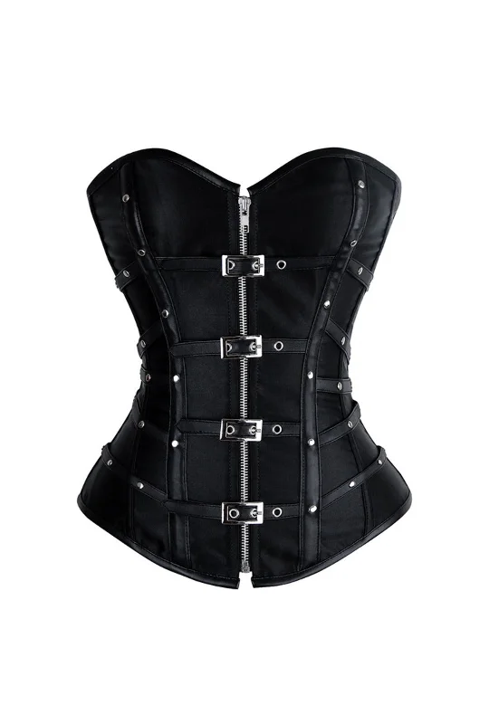 Black Leather and Satin Buckle Corset with Zip Front