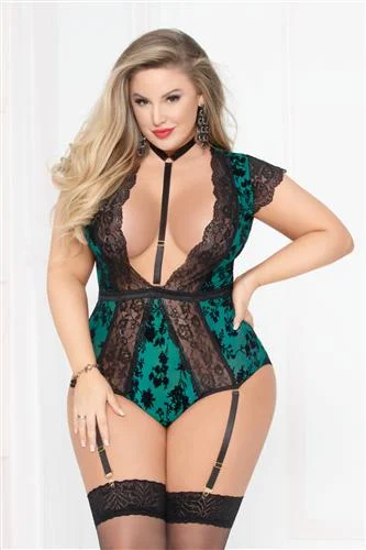 Flocked Mesh Bodysuit W/garter - Green - 1x2x