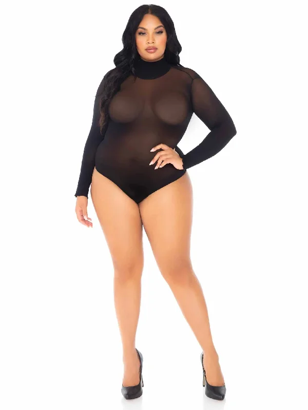 Opaque High Neck Long Sleeve Bodysuit With Snap  Crotch - 1x/2x - Black