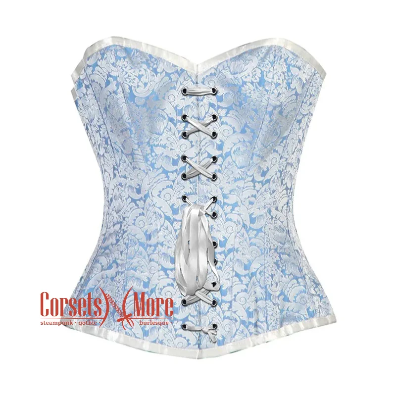 Plus Size Blue And White Brocade Burlesque Gothic Overbust Corset Bustier Top