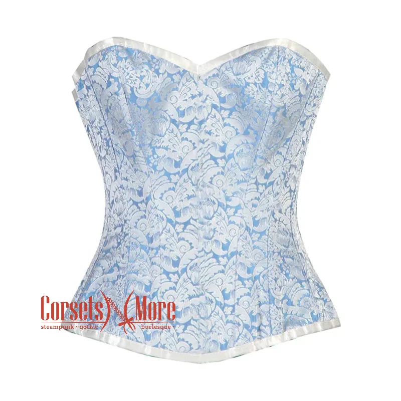 Plus Size Blue And White Brocade Front Closed Burlesque Gothic Overbust Corset Bustier Top