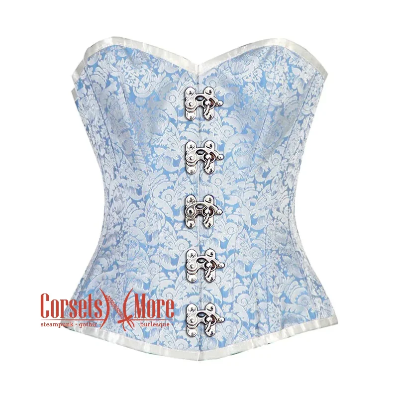 Plus Size Blue And White Brocade Front Silver Clasps Burlesque Gothic Overbust Corset Bustier Top