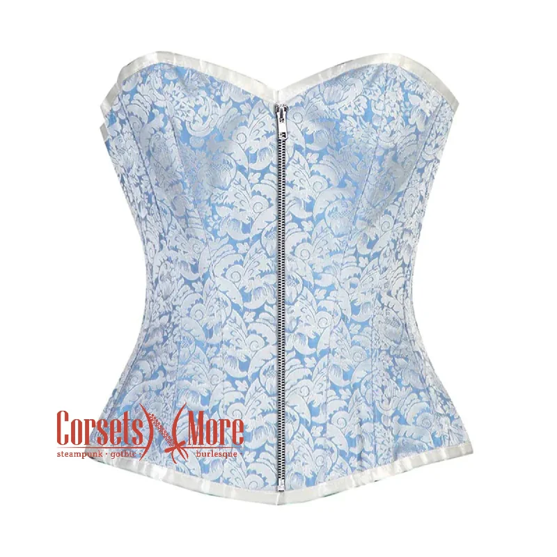 Plus Size Blue And White Brocade Silver Zip Burlesque Gothic Overbust Corset Bustier Top