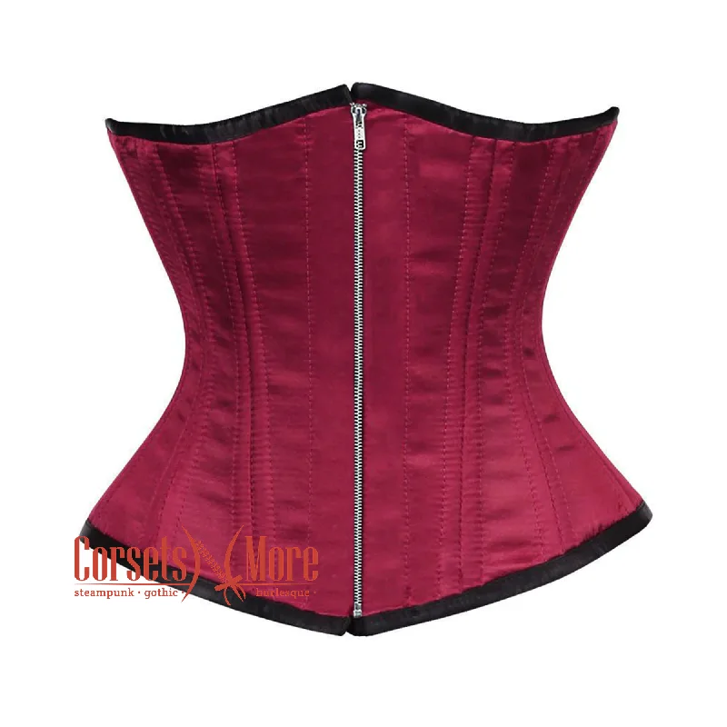 Plus Size Maroon Satin Double Bone Front Zipper Gothic Waist Training Underbust Corset Bustier Top