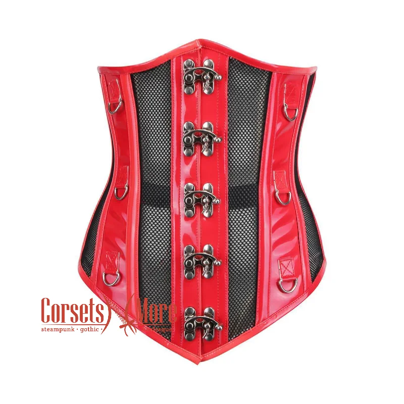 Plus Size Red PVC Black Net Steampunk Heavy Duty Underbust Waist Training Sexy Corset