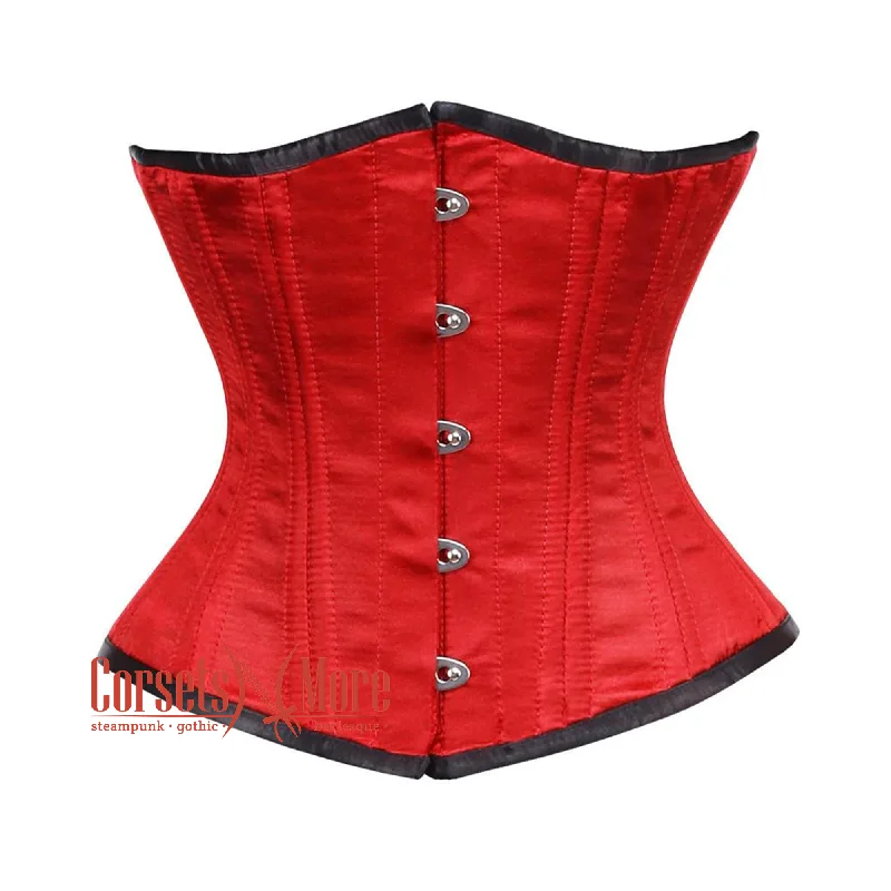 Plus Size Red Satin Double Bone Front Silver Busk Gothic Waist Training Underbust Corset Bustier Top