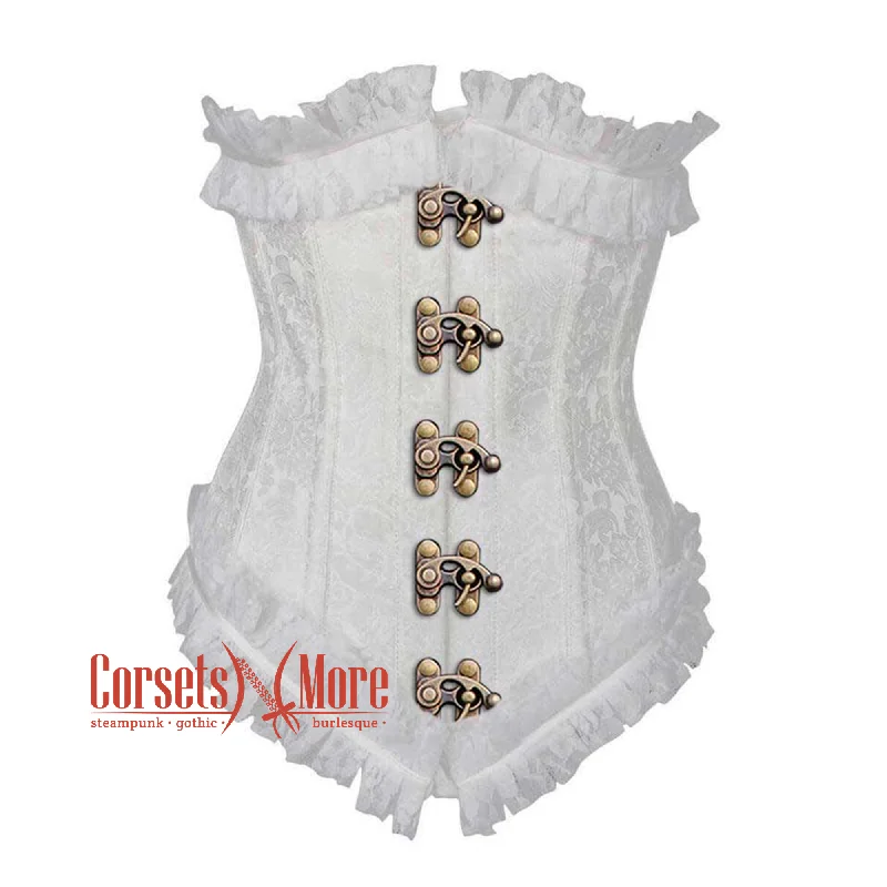 Plus Size White Brocade Antique Clasps Net Frill Design Gothic Waist Training Underbust Corset Bustier Top