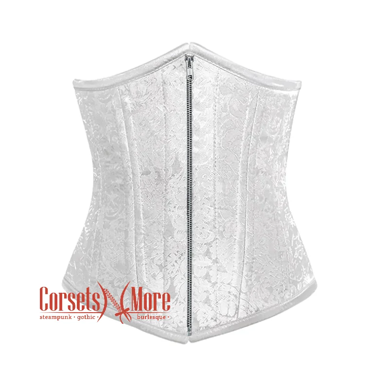 Plus Size White Brocade Front Zipper Double Bone Steampunk Gothic Waist Training Underbust Corset Bustier Top