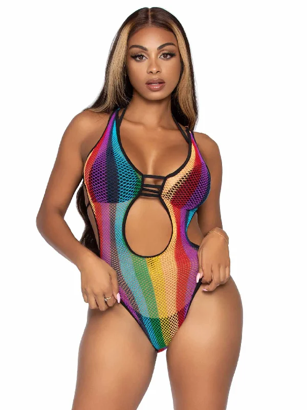 Rainbow Fishnet Cut Out Bodysuit With Strappy Bikini Back - One Size - Multicolor