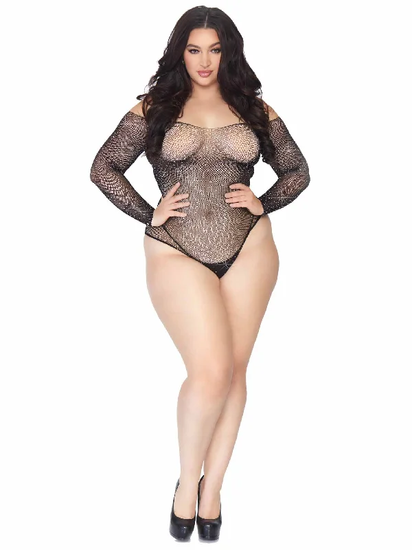 Rhinestone Snap Crotch Bodysuit - 1x/2x - Black