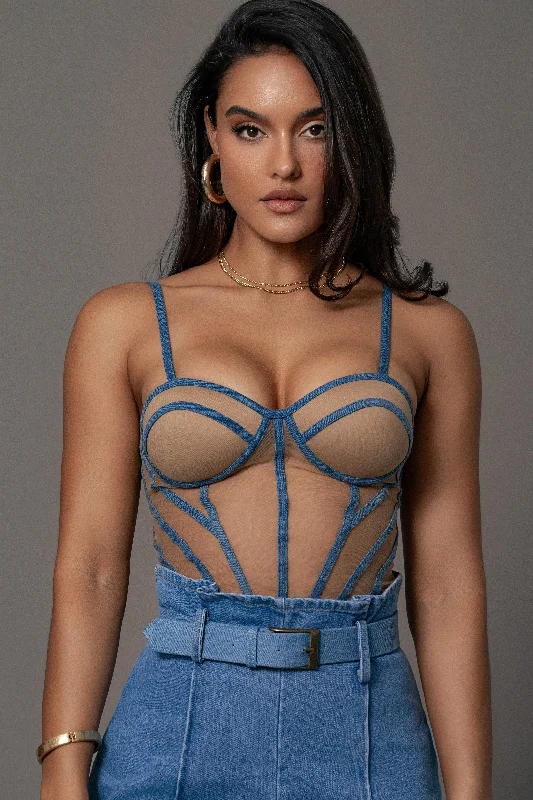 Tan Denim Illusion Mesh Bustier