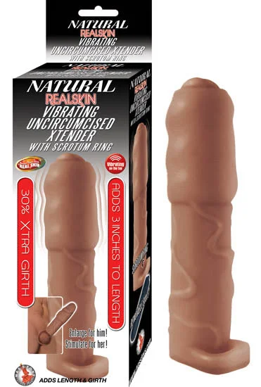 Natural Realskin Vibrating Uncircumcised Xtender W/ Scrotum Ring