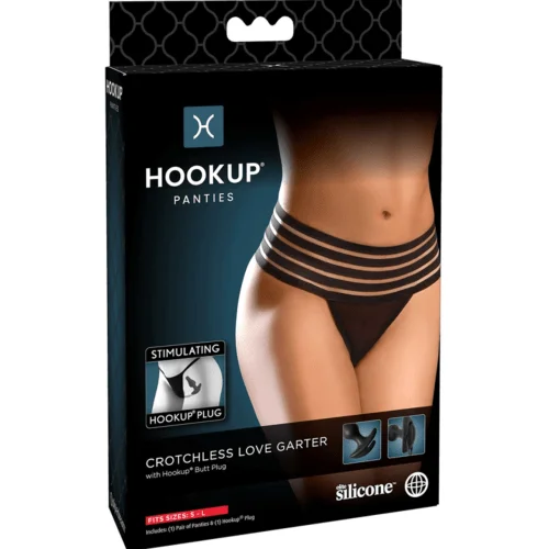 HOOKUP CROTCHLESS LOVE GARTER WITH WEARABLE ANAL PLUG - FITS SIZE S-L