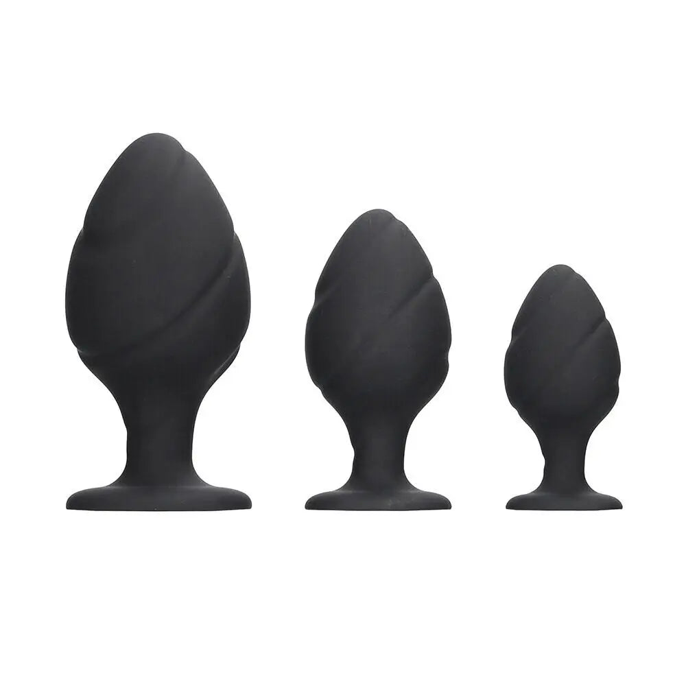 Shots Silicone Black Swirled Butt Plug Set with Tapered Tip