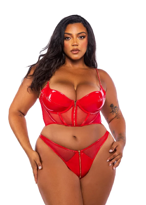 Plus Size Red Faux Leather & Mesh Bustier & Thong Panty Lingerie