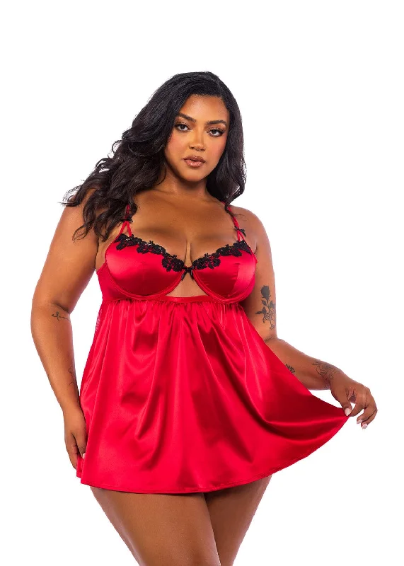 Plus Size Red w/ Black Venise Lace Trim & Stretch Satin Babydoll & Thong Lingerie