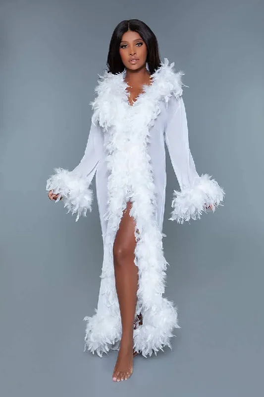 Glamour Robe White with feather trim