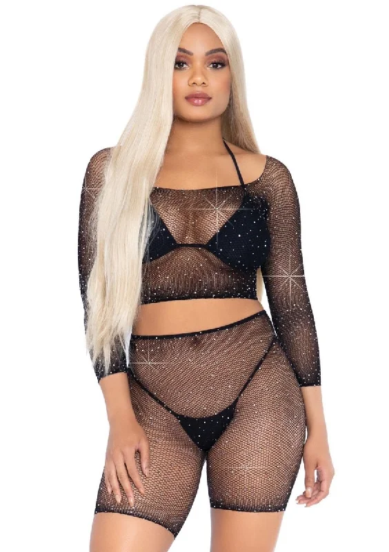 2 Pc Rhinestone Fishnet Crop Top and Biker Shorts - One Size -