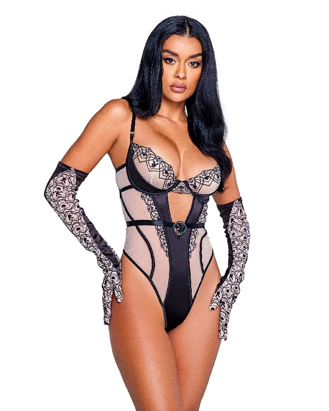 Nude Sheer Mesh Playboy Underwire Top Thong Teddy w/ Logo (Plus Size Available)