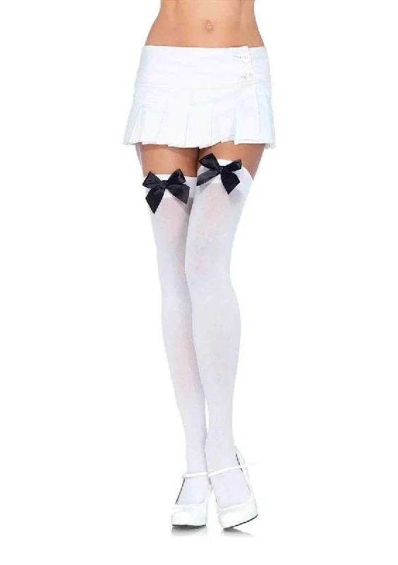 Nylon Thigh Highs With Bow - One Size - White - Black