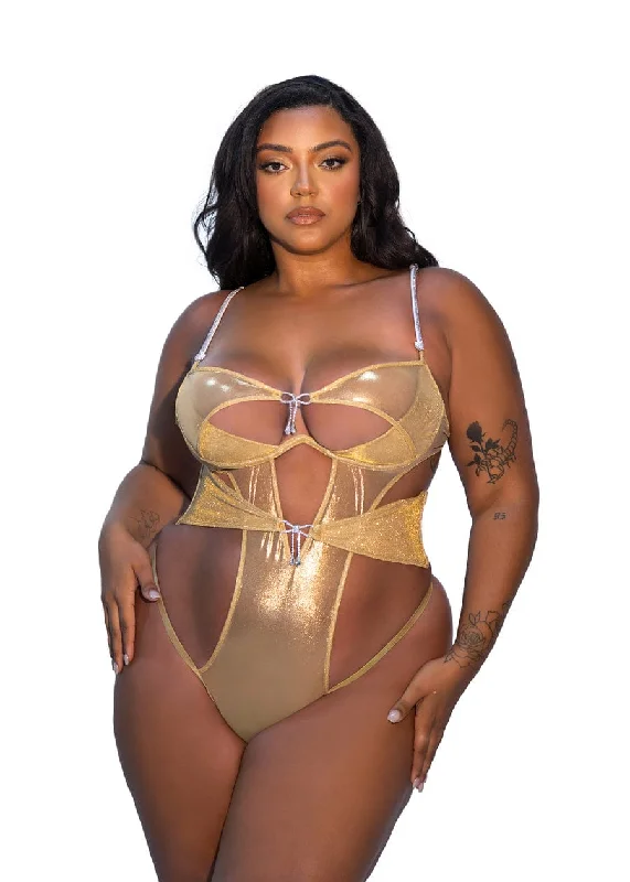 Plus Size Gold Glitter Metallic Shimmer Mesh Thong Teddy