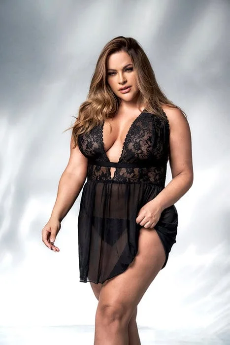 Plus Size Sexy Black Floral Deep Lace Neckline w/ Thong Babydoll Lingerie