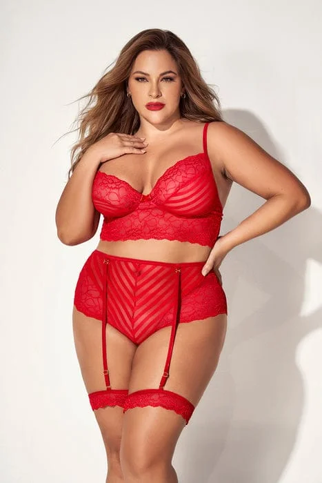 Plus White Sexy Red Mesh Heart Lace Top & High Waisted Panty Lingerie